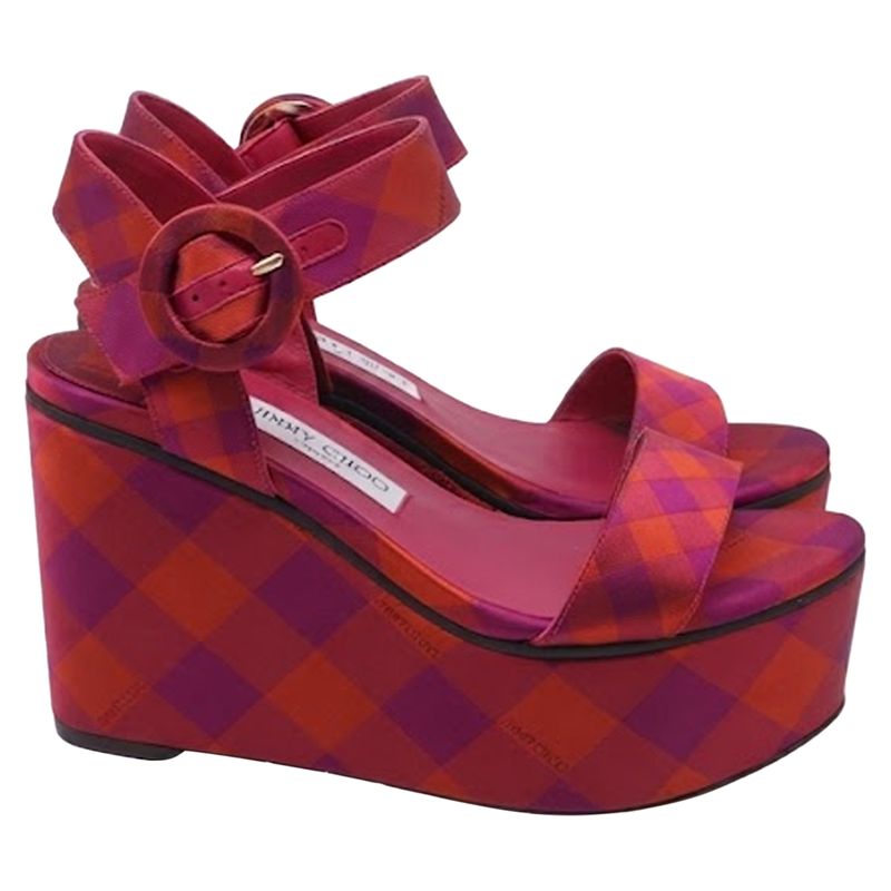 Jimmy Choo Check Wedge Sandals In Pink Cotton
